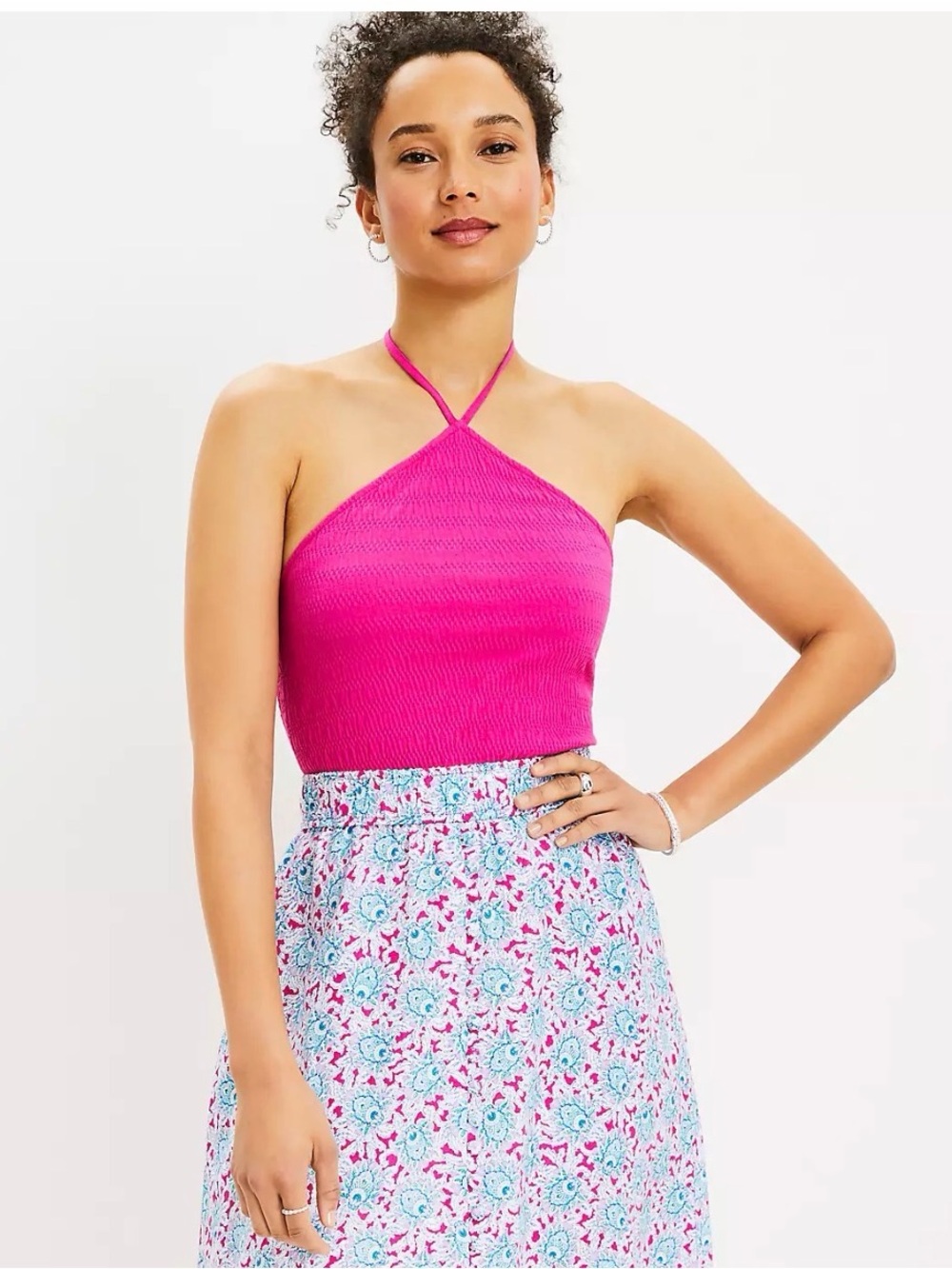 LOFT Smocked Radiant Fuchsia Pink Halter Top NWT Size Medium